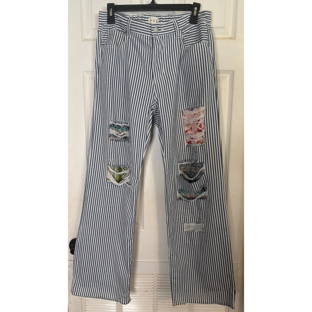 Women's POL Wide Leg Striped Patchwork Pants S White Blue